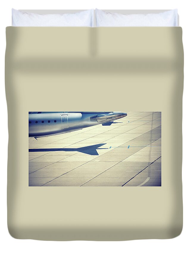 Shadow Duvet Cover featuring the photograph Airplane Tail And Airplane Tail Shadow by Elisabeth Schmitt