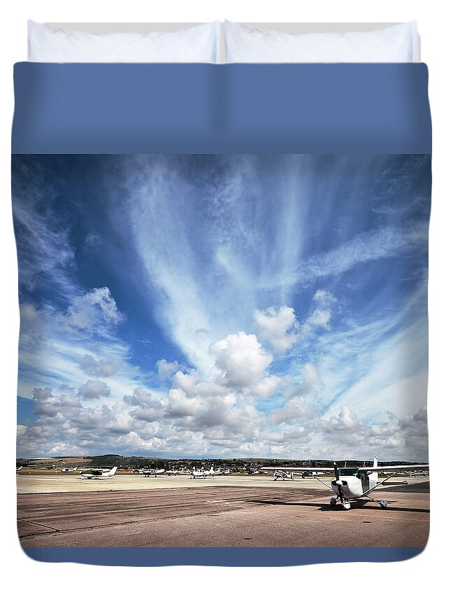 Shoreham-by-sea Duvet Cover featuring the photograph Airport Cloudscape And Light Planes by Stevegeer