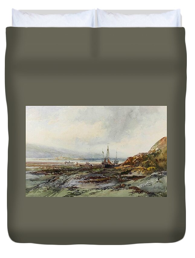 Nature Duvet Cover featuring the painting Albert Pollitt 1856-1926 - Four watercolours - Coastal scene with fishing boats drawn up on to the by Celestial Images