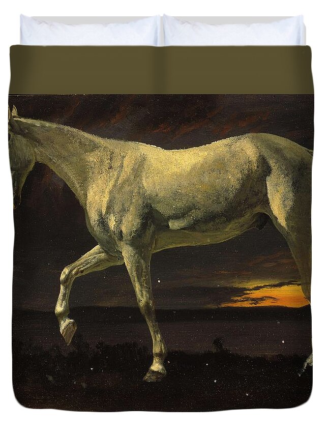 Horse Duvet Cover featuring the painting Albert_Bierstadt_-_White_Horse_and_Sunset by Albert Bierstadt
