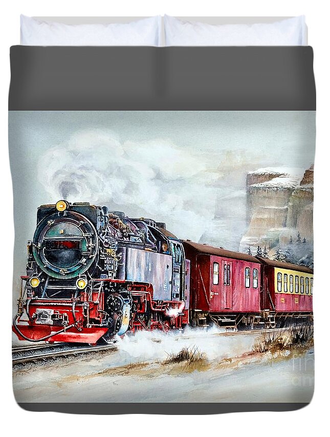Train Duvet Cover featuring the painting All Aboard by Jeanette Ferguson