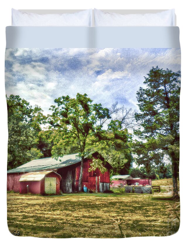 Barn Tennessee Trees Clouds Duvet Cover featuring the digital art Along the Rural Road Old Barn in Tennessee by Rhonda Strickland
