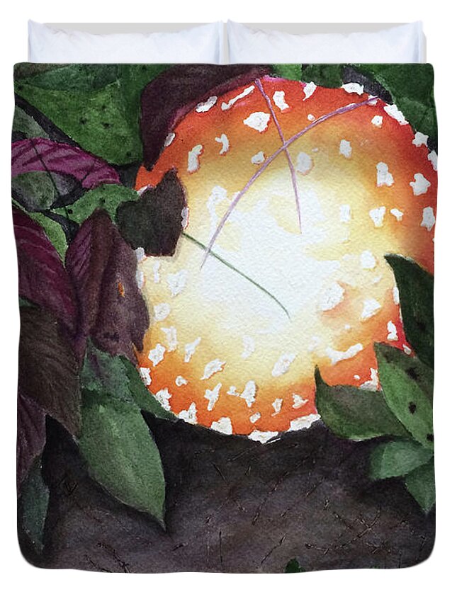 Mushroom Duvet Cover featuring the painting Amanita muscaria by Bonnie Young