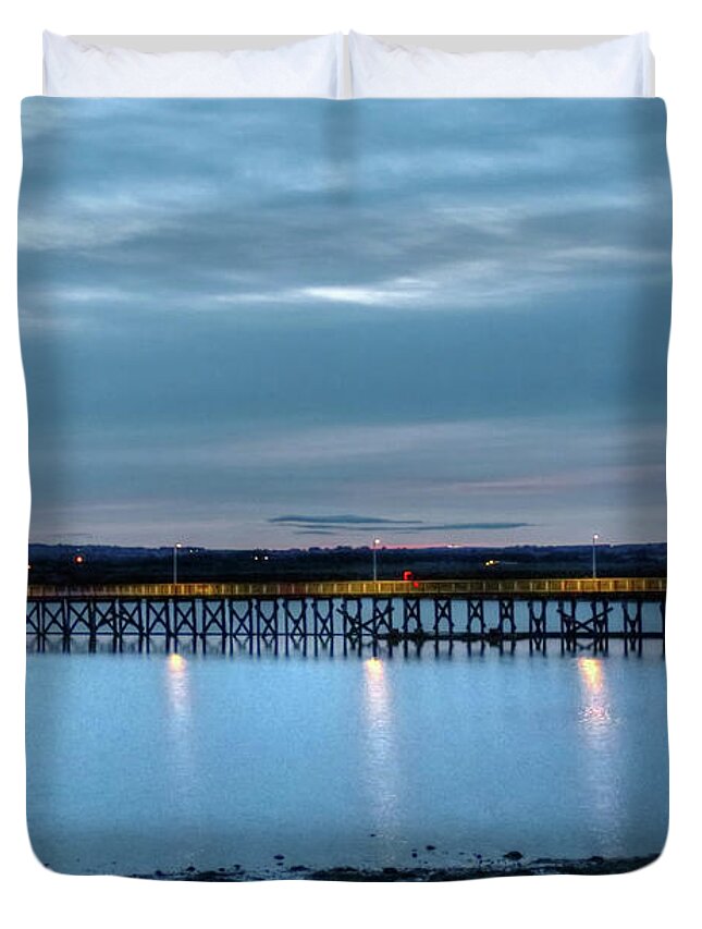 Pier Duvet Cover featuring the photograph Amble Pier At Night by Jeff Townsend