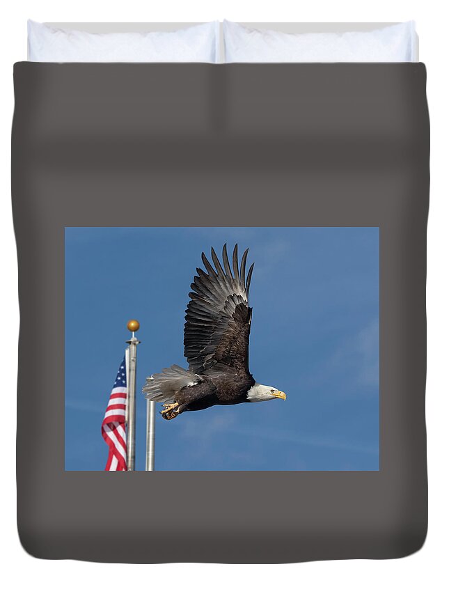 Raptor Duvet Cover featuring the photograph American Bald Eagle with Flag by Rick Mosher