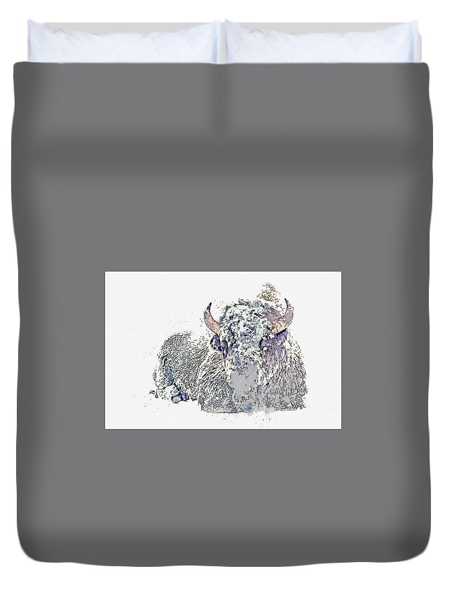 Buffalo Duvet Cover featuring the painting American Bison in Winter Landscape 2 watercolor by Ahmet Asar by Celestial Images