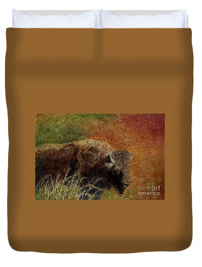 Watercolor On Masa Paper Duvet Cover featuring the mixed media American Bison by Sari Sauls