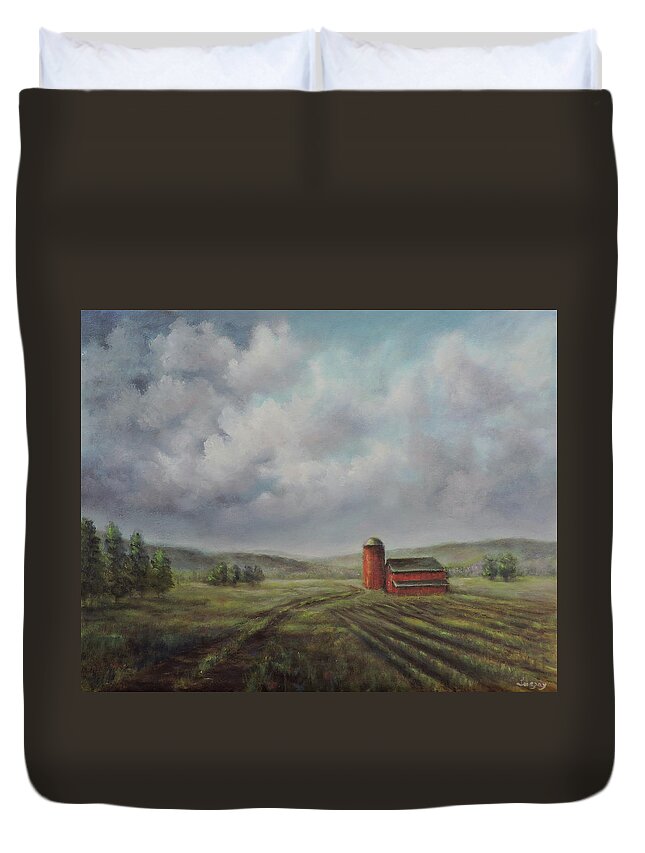 American Landscape Duvet Cover featuring the painting American scene Red Barn by Katalin Luczay