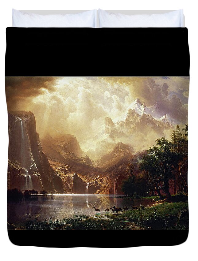 Among The Sierra Nevada Duvet Cover featuring the painting Among the Sierra Nevada, California by Albert Bierstadt by Rolando Burbon