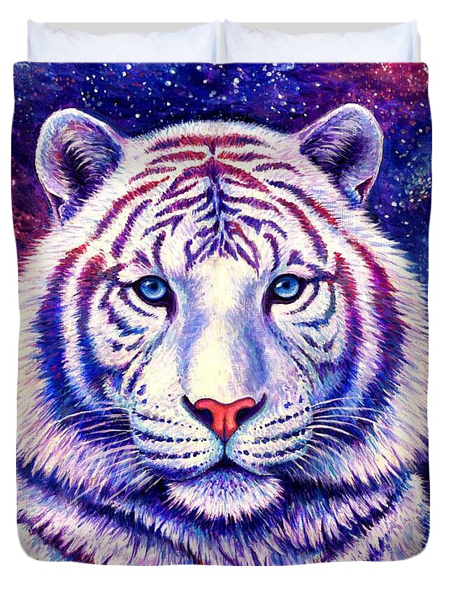 Tiger Duvet Cover featuring the painting Among the Stars - Cosmic White Tiger by Rebecca Wang
