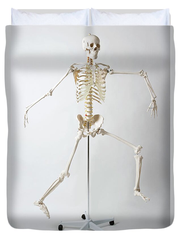 Hanging Duvet Cover featuring the photograph An Anatomical Skeleton Model Running by Rachel De Joode