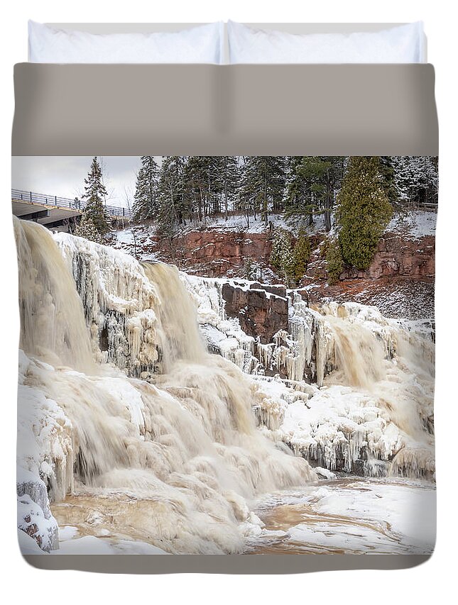 Waterfall Duvet Cover featuring the photograph An Icy Gooseberry Middle Falls by Susan Rissi Tregoning