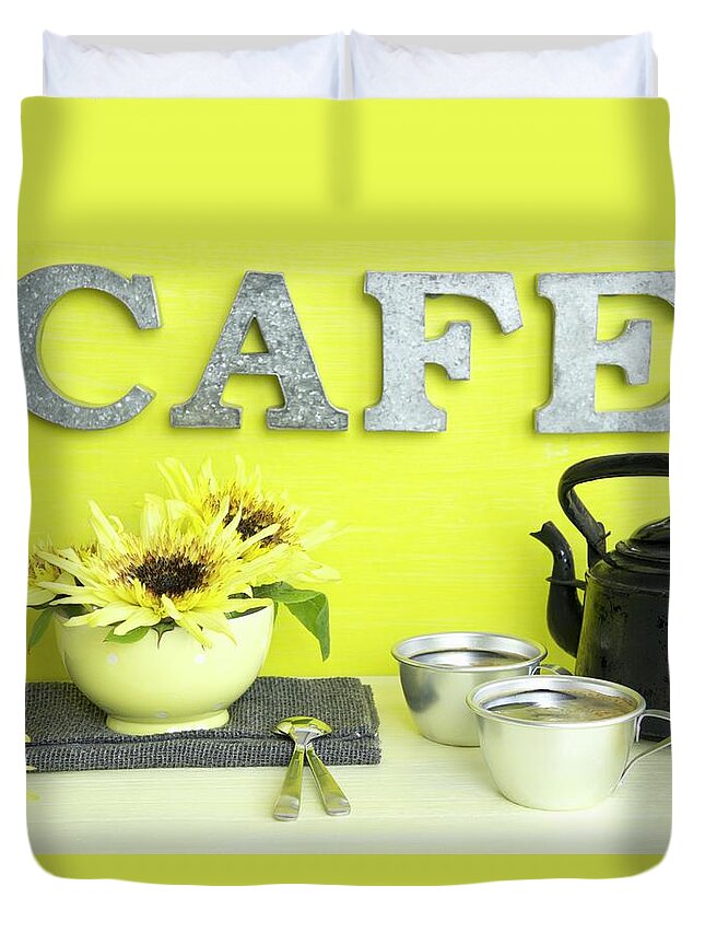 Ip_11276645 Duvet Cover featuring the photograph An Old Coffee Jug, Aluminium Cups And Sunflowers by Martina Schindler