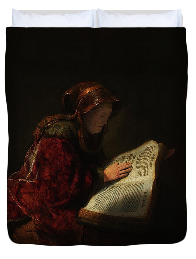 An Old Woman Reading Duvet Cover featuring the painting An Old Woman Reading by Rembrandt van Rijn by Rolando Burbon
