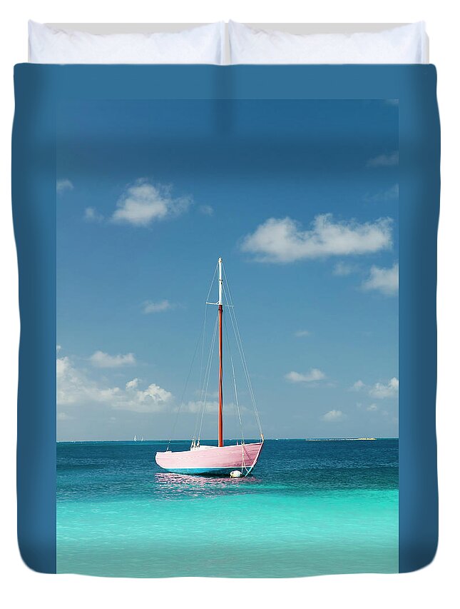 Sailboat Duvet Cover featuring the photograph Anchoring Pink Boat In Tropical Bay by Digihelion