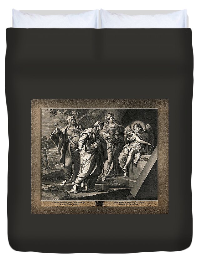 Angel Announcing The Resurrection Duvet Cover featuring the painting Angel announcing the resurrection of Christ to the three Mary's by Rolando Burbon