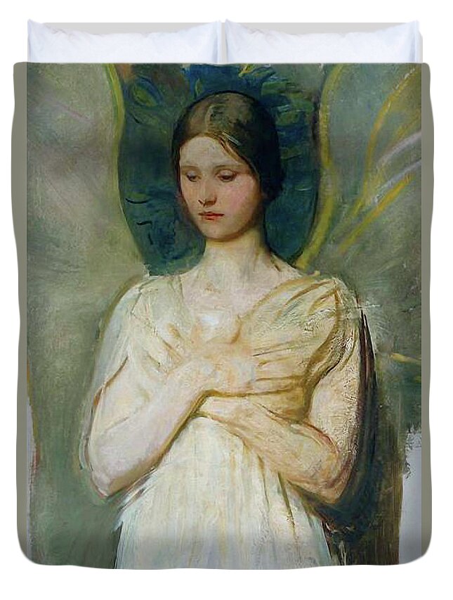Angels Duvet Cover featuring the mixed media Angel in Adoration 110 by Abbott Handerson Thayer