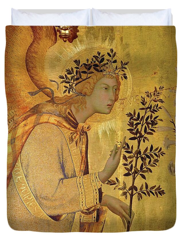Archangel Gabriel Duvet Cover featuring the painting Annunciation. Detail the Angel of the Annunciation. by Simone Martini -c 1284-1344-