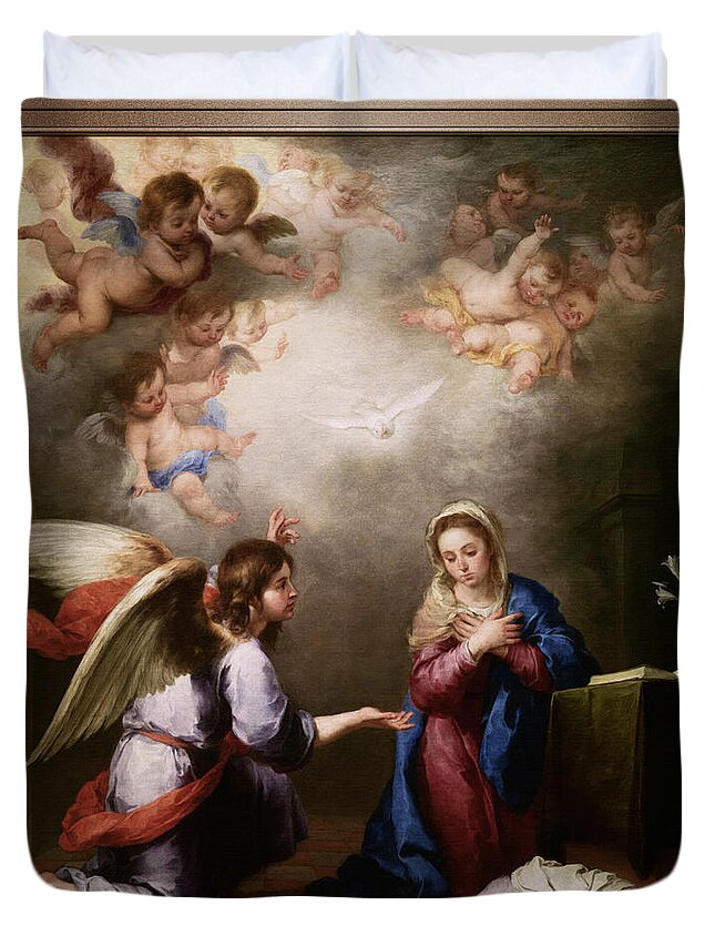 Annunciation Of The Blessed Virgin Mary Duvet Cover featuring the painting Annunciation of the Blessed Virgin Mary by Bartolome Esteban Murillo by Rolando Burbon