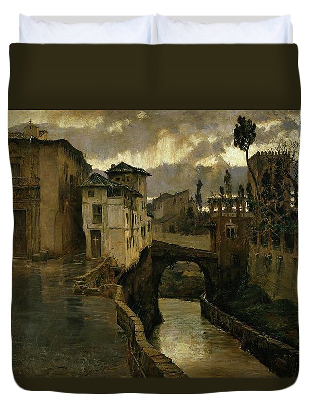 Antonio MuÑoz Degrain Duvet Cover featuring the painting Antonio Munoz Degrain / 'Rainstorm in Granada -Memories of Granada-', 1881, Spanish School. by Antonio Munoz Degrain -1840-1924-
