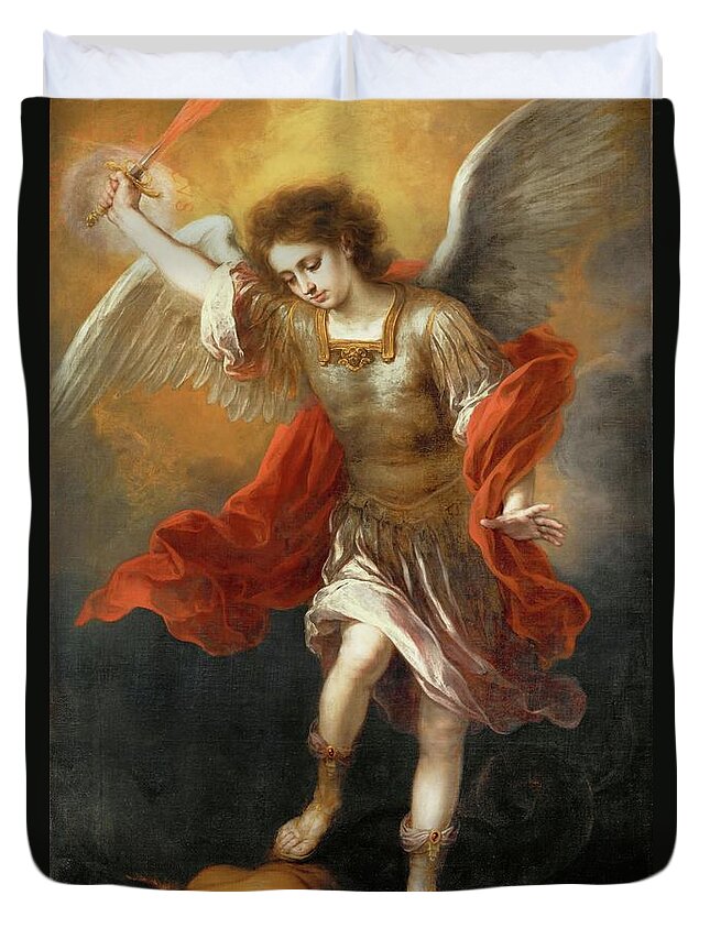 Archangel Michael Duvet Cover featuring the painting Archangel Michael hurls the devil into the abyss. Around 1665 / 68 Canvas, 169,5 x 110,3 cm. by Bartolome Esteban Murillo -1611-1682-