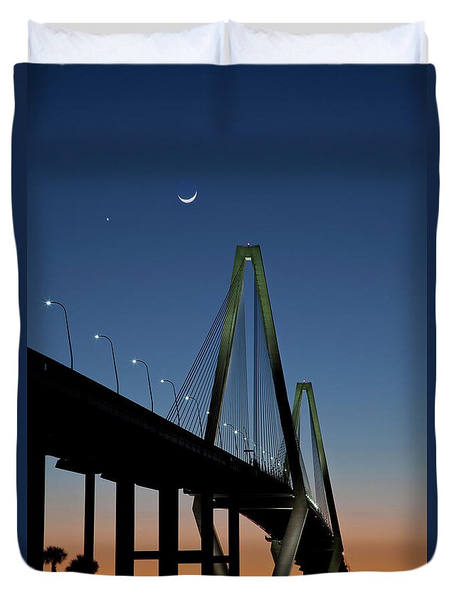 Tranquility Duvet Cover featuring the photograph Arthur Ravenel Jr. Bridge At Dusk by Photography By Deb Snelson