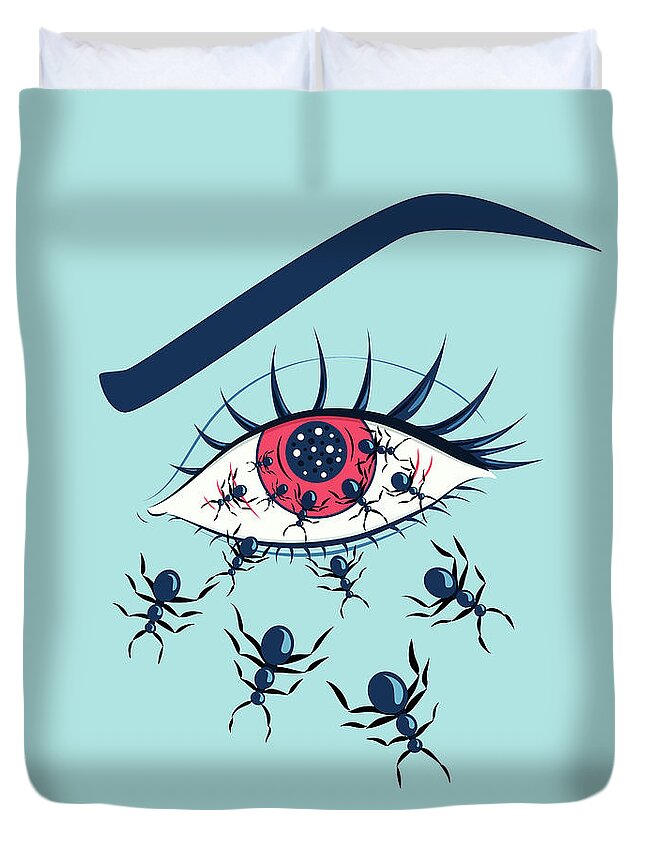 Horror Duvet Cover featuring the digital art Weird Creepy Red Eye With Crawling Ants by Boriana Giormova