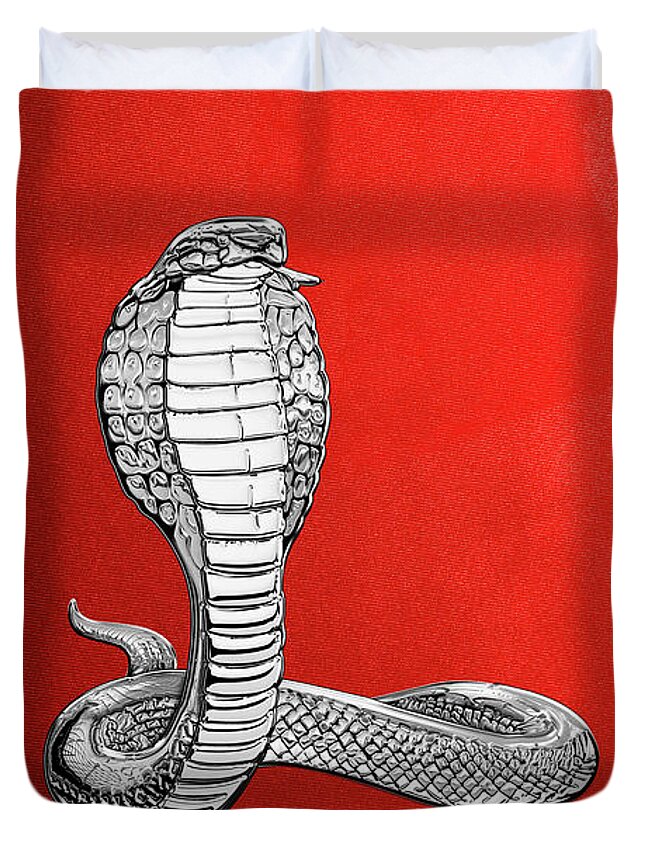'beasts Creatures And Critters' Collection By Serge Averbukh Duvet Cover featuring the digital art Silver King Cobra on Red Canvas by Serge Averbukh