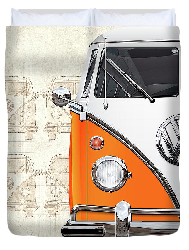 ‘volkswagen Type 2’ Collection By Serge Averbukh Duvet Cover featuring the digital art Volkswagen Type - Orange and White Volkswagen T1 Samba Bus over Vintage Sketch by Serge Averbukh