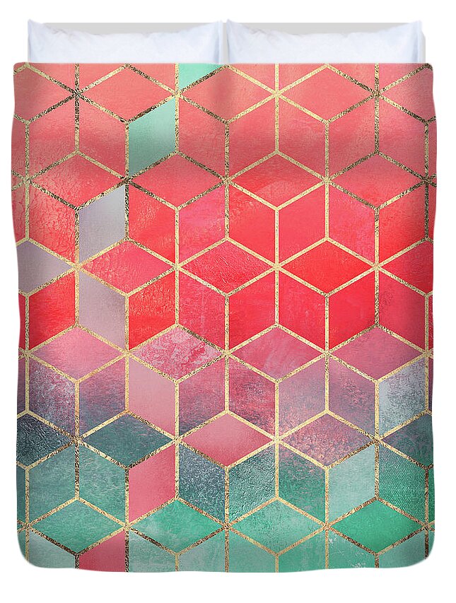 Graphic Duvet Cover featuring the digital art Rose And Turquoise Cubes by Elisabeth Fredriksson