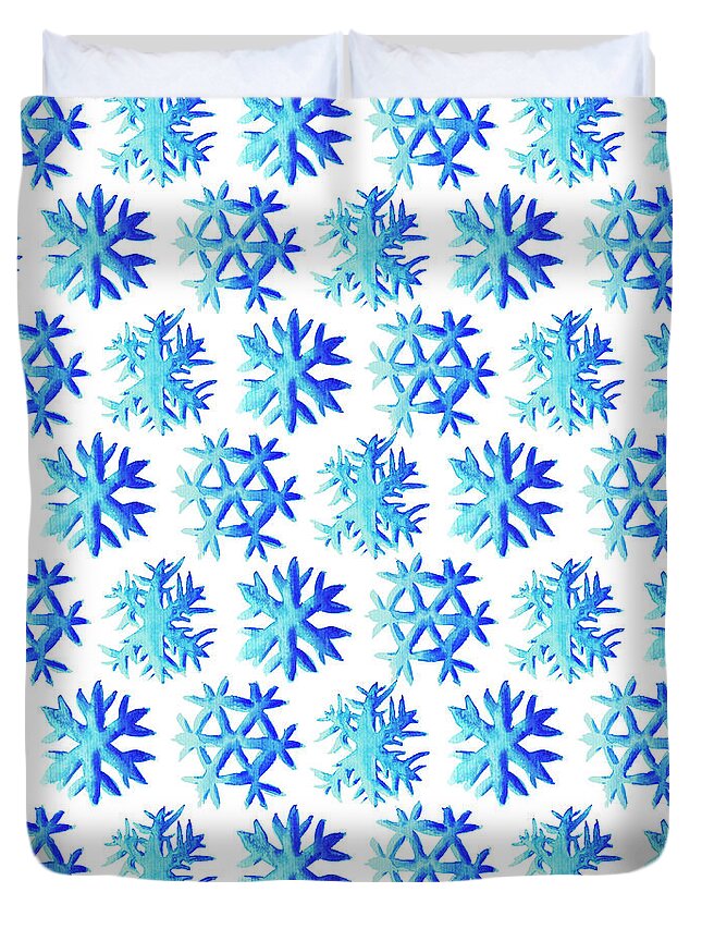 Pattern Duvet Cover featuring the digital art Blue Watercolor Snowflakes Pattern by Boriana Giormova