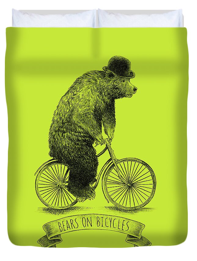 Bear Duvet Cover featuring the drawing Bears on Bicycles - Lime by Eric Fan