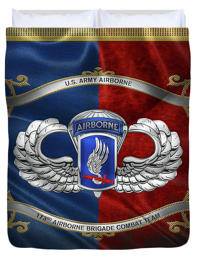 Military Insignia & Heraldry By Serge Averbukh Duvet Cover featuring the digital art 173rd Airborne Brigade Combat Team - 173rd A B C T Insignia with Parachutist Badge over Flag by Serge Averbukh