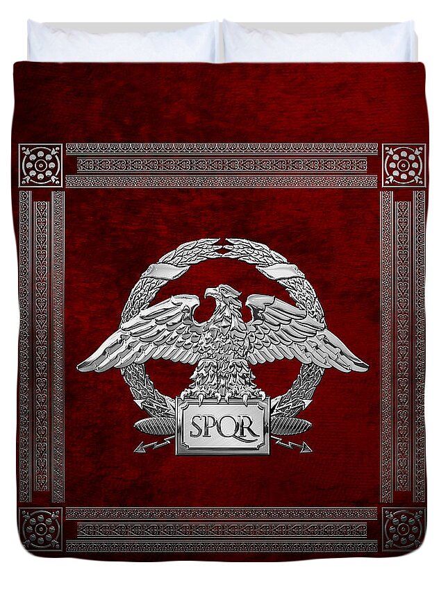 ‘treasures Of Rome’ Collection By Serge Averbukh Duvet Cover featuring the digital art Roman Empire - Silver Roman Imperial Eagle over Red Velvet by Serge Averbukh