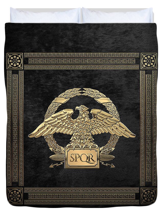 ‘treasures Of Rome’ Collection By Serge Averbukh Duvet Cover featuring the digital art Roman Empire - Gold Roman Imperial Eagle over Black Velvet by Serge Averbukh