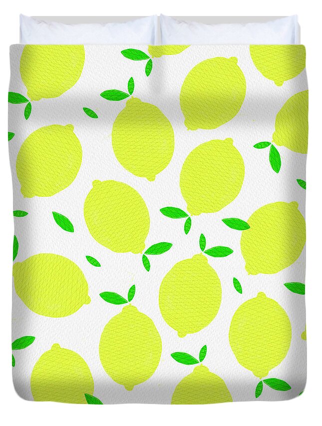Lemons Duvet Cover featuring the painting Sunny Lemon Pattern by Jen Montgomery