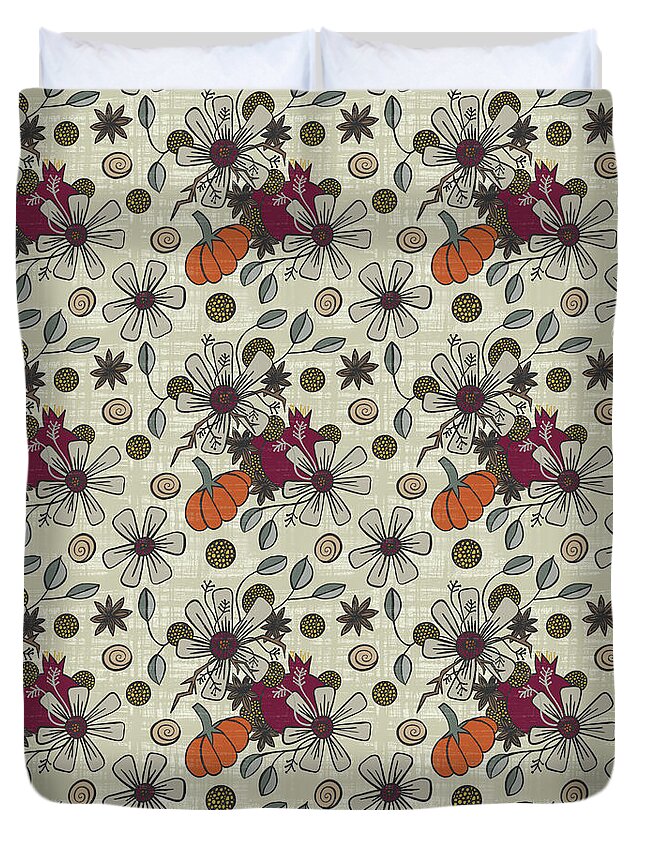 Harvest Duvet Cover featuring the painting Fall Pumpkin Botanical Pattern Cream Background by Jen Montgomery