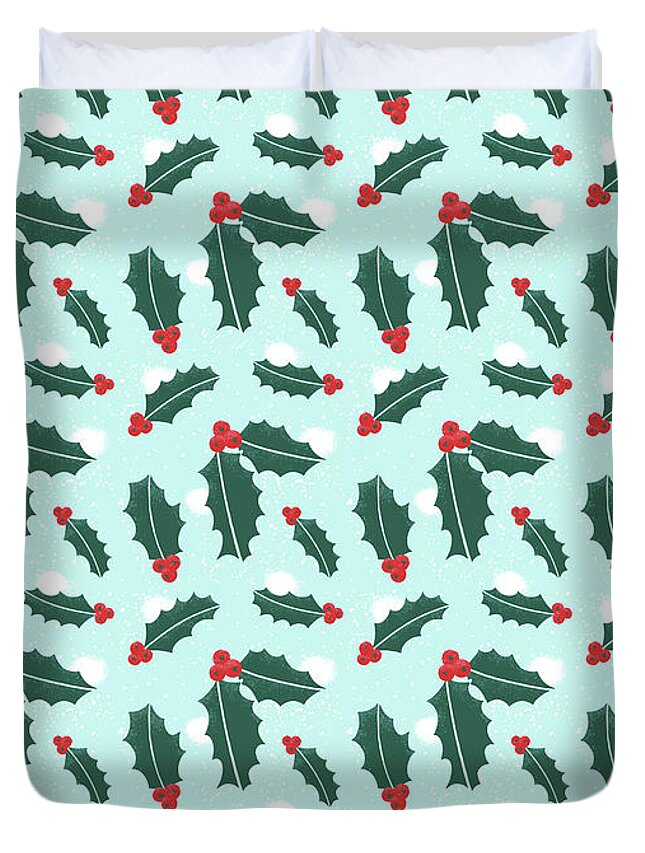 Holly Duvet Cover featuring the painting Holly Christmas Pattern by Jen Montgomery