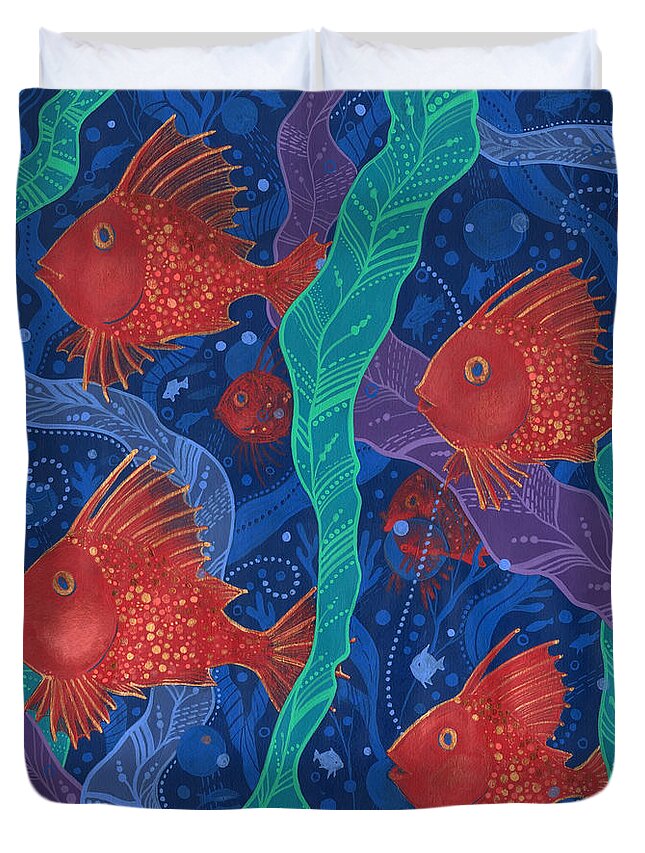 Underwater Duvet Cover featuring the painting Red Fish by Julia Khoroshikh