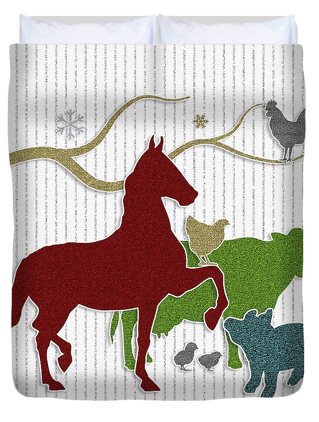 Christmas Duvet Cover featuring the digital art Barnyard Peace on Earth by Doreen Erhardt