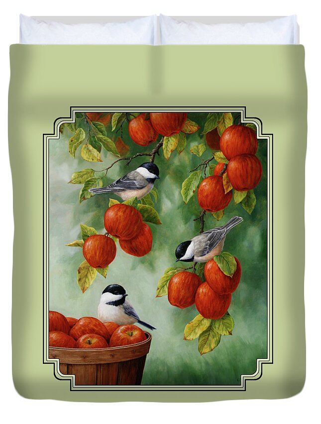 #faatoppicks Duvet Cover featuring the painting Bird Painting - Apple Harvest Chickadees by Crista Forest