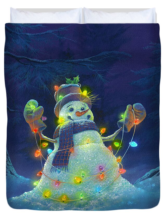 Michael Humphries Snowman Christmas Christmas Lights Winter Night Pillows Christmas Decor Notebooks Shower Curtain Blankets Duvet Cover featuring the painting Let it Glow by Michael Humphries