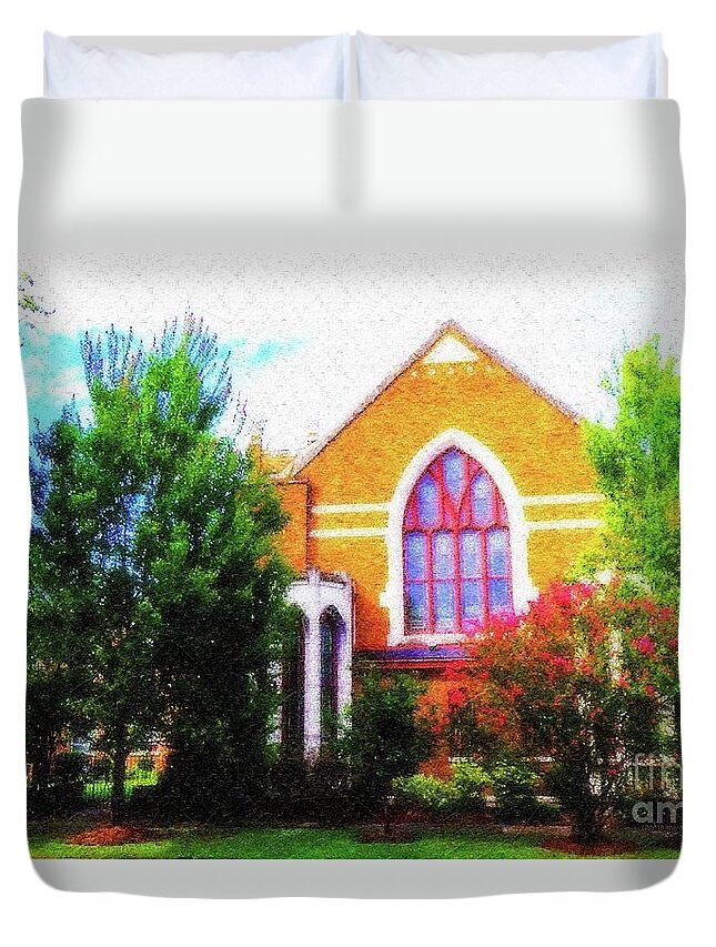 American Churches Duvet Cover featuring the mixed media Asbury Church Blossoms by Aberjhani
