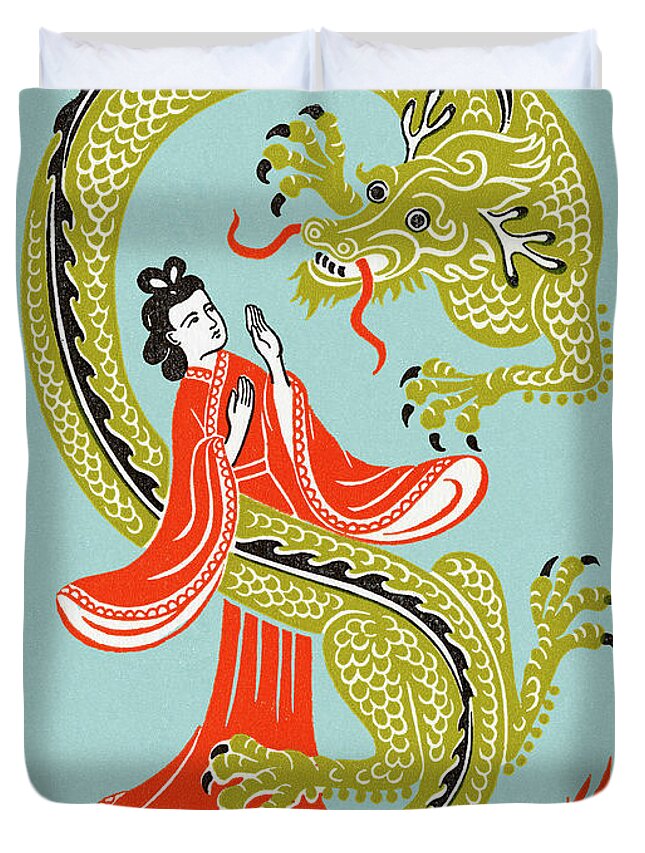 Adult Duvet Cover featuring the drawing Asian Woman With Dragon by CSA Images