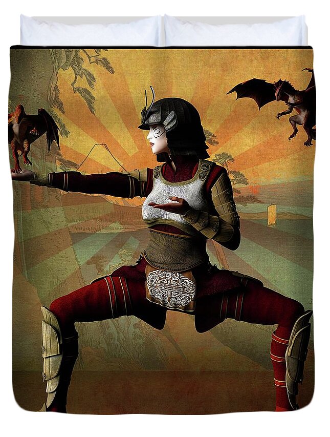 Samurai Woman Dragon Red Gold Duvet Cover featuring the digital art Asiatique #2 by Alisa Williams
