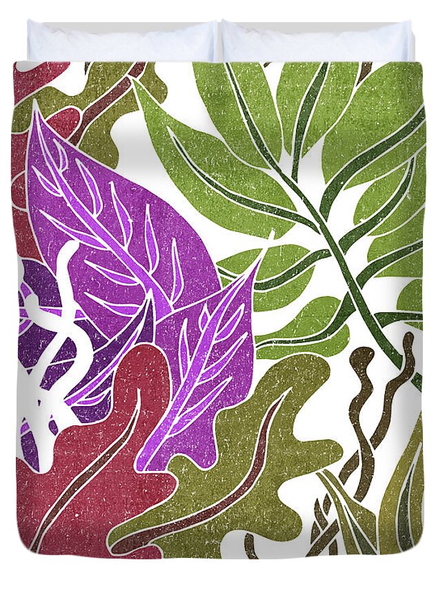 Leaf Duvet Cover featuring the mixed media Assortment of Leaves 3 - Exotic Boho Leaf Pattern - Colorful, Modern, Tropical Art - Olive, Violet by Studio Grafiikka