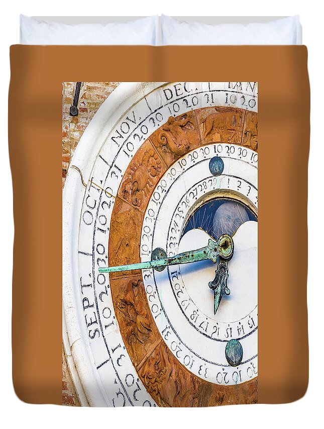 Ancient Duvet Cover featuring the photograph astronomical clock in Italy by Vivida Photo PC