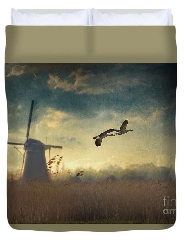 Landscape Duvet Cover featuring the mixed media At Sunrise by Eva Lechner