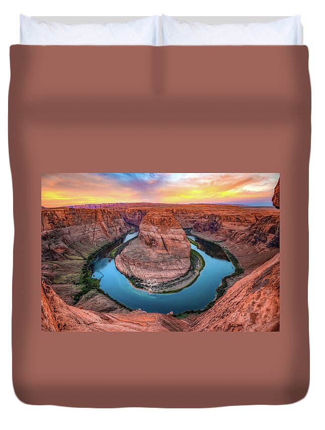 America Duvet Cover featuring the photograph At the Edge Of a Horseshoe Bend Sunrise by Gregory Ballos