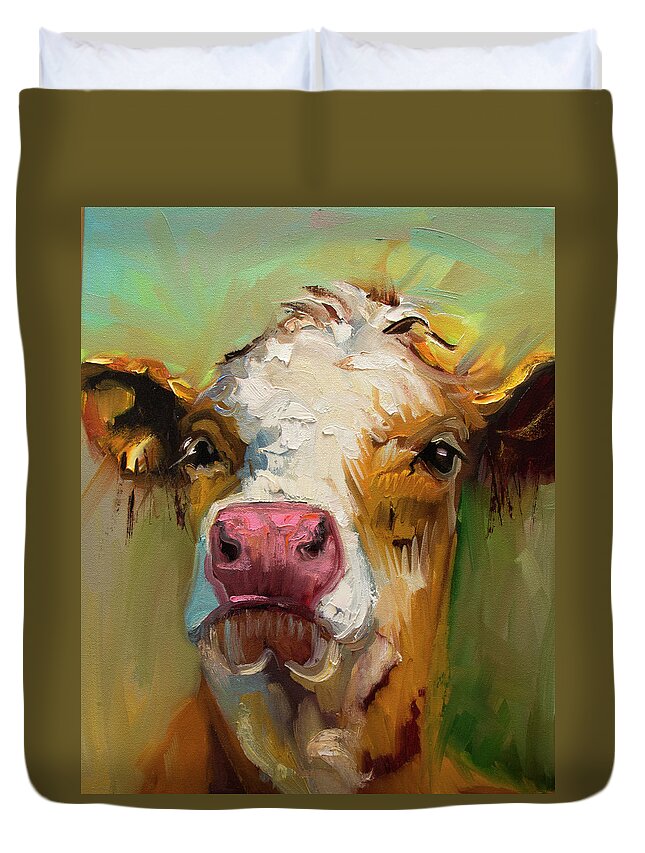 Cow Duvet Cover featuring the painting Attitude by Diane Whitehead
